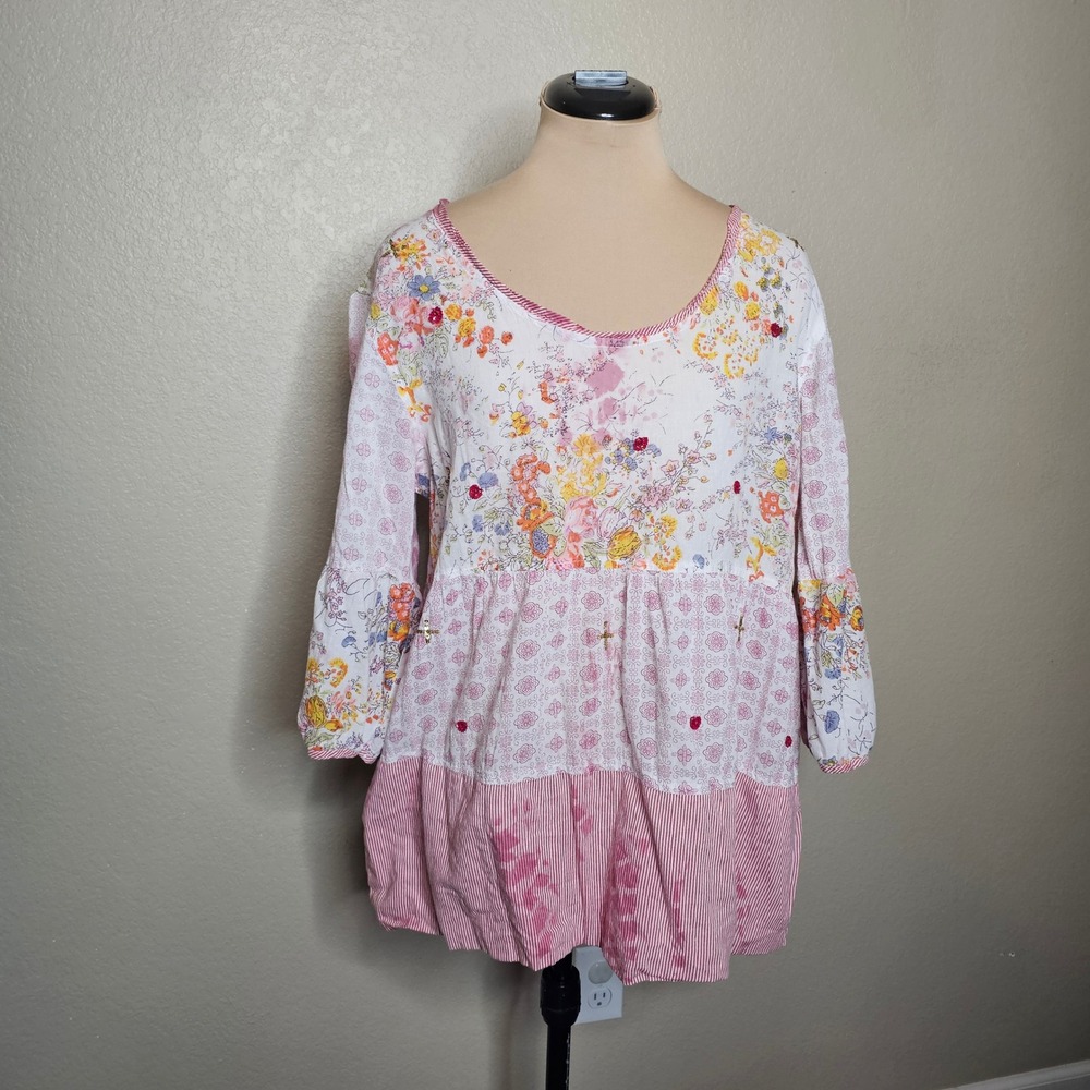Tianello One Body of Love Patchwork Floral Cotton Top Pink White Large